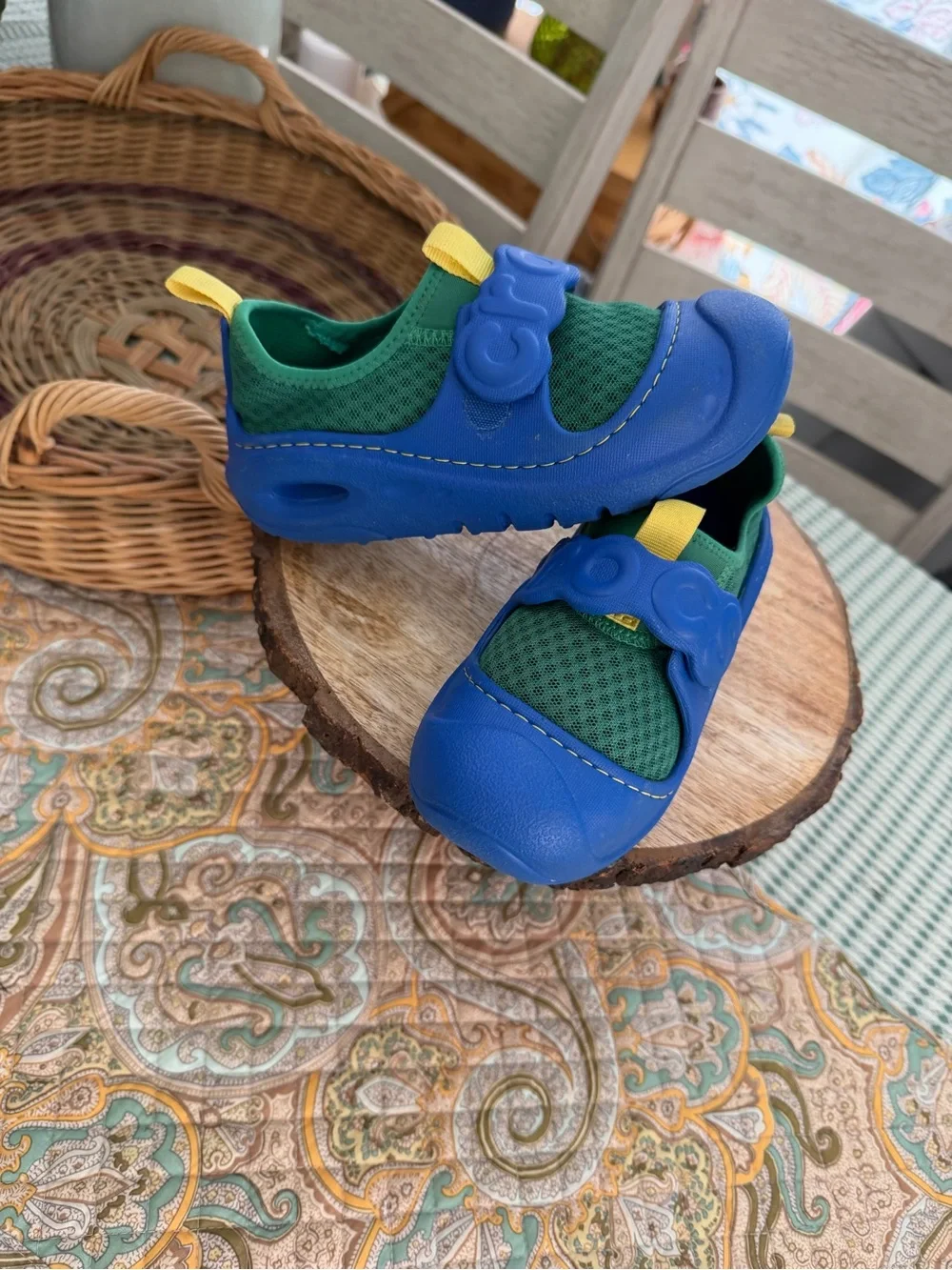 CROCS Kids Blue & Green Athletic Water Shoes with Yellow Pull Tabs Size 12